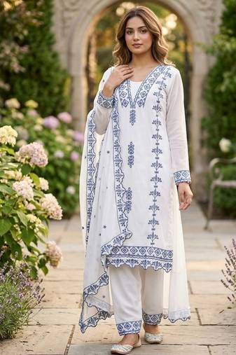 Blue&white georgette readymade suit with thread embroidery work