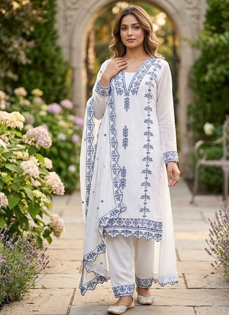 Blue&white georgette readymade suit with thread embroidery work