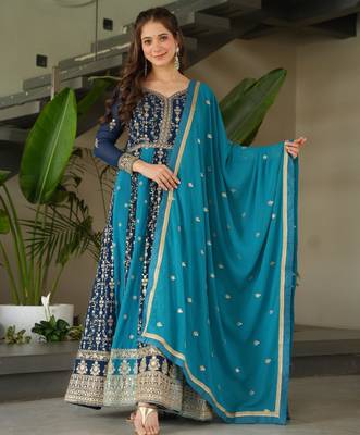 Blue georgette readymade anarkali suit with embroidery & zari work 1