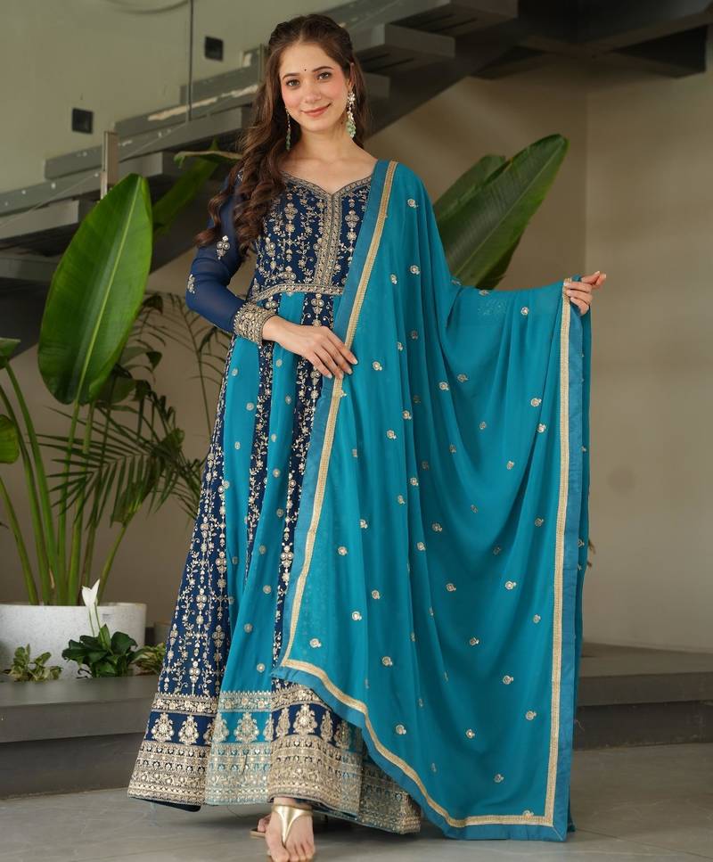 Blue georgette readymade anarkali suit with embroidery & zari work