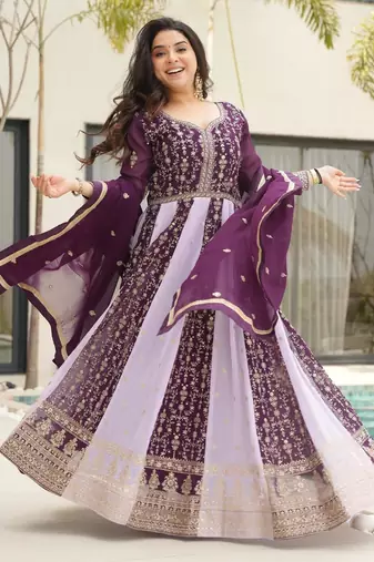Purple georgette readymade anarkali suit with embroidery & zari work