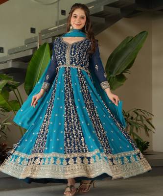 Blue georgette readymade anarkali suit with embroidery & zari work 2
