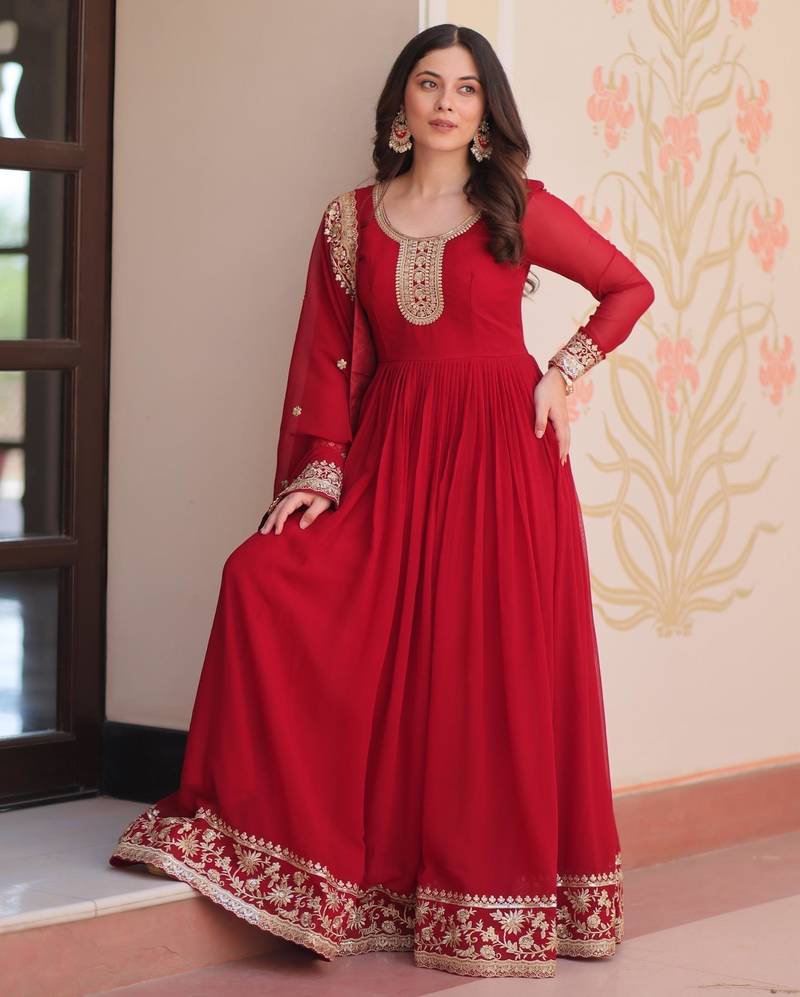 Pink georgette readymade anarkali suit with embroidery & zari work