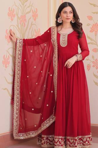 Red georgette readymade anarkali suit with embroidery & zari work