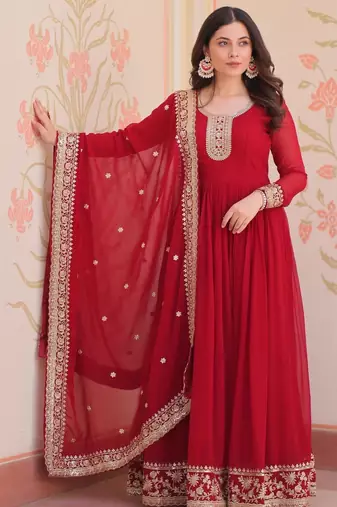 Red georgette readymade anarkali suit with embroidery & zari work