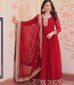Red georgette readymade anarkali suit with embroidery & zari work