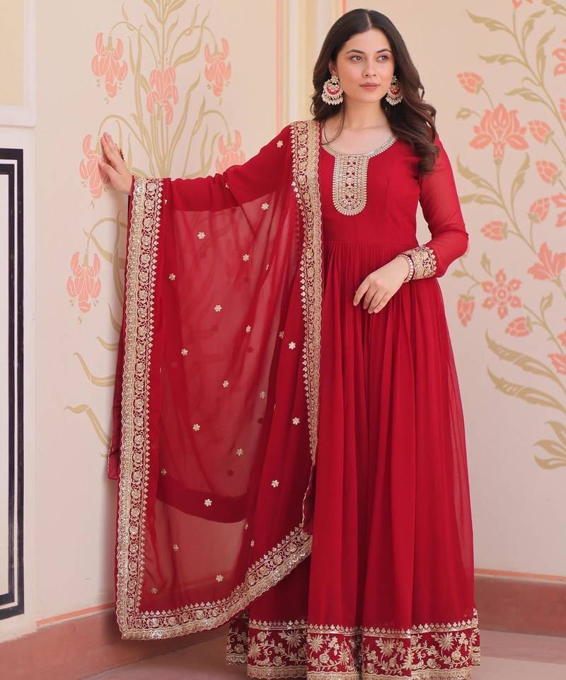 Red georgette readymade anarkali suit with embroidery & zari work