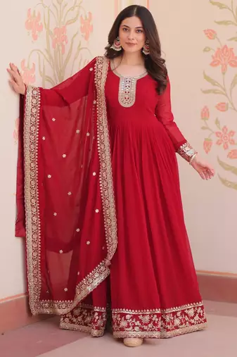 Pink georgette readymade anarkali suit with embroidery & zari work