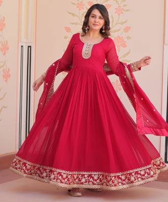 Red georgette readymade anarkali suit with embroidery & zari work 2