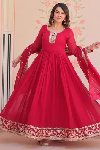 Red georgette readymade anarkali suit with embroidery & zari work