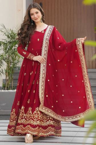 Red georgette readymade anarkali suit with embroidery & zari work