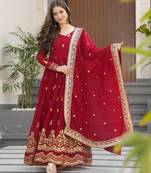 Red georgette readymade anarkali suit with embroidery & zari work