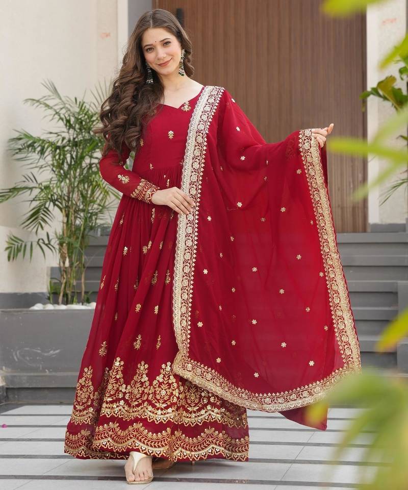 Red georgette readymade anarkali suit with embroidery & zari work