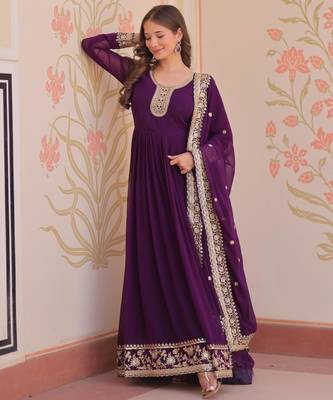 Purple georgette readymade anarkali suit with embroidery & zari work 1