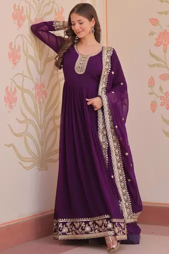 Purple georgette readymade anarkali suit with embroidery & zari work