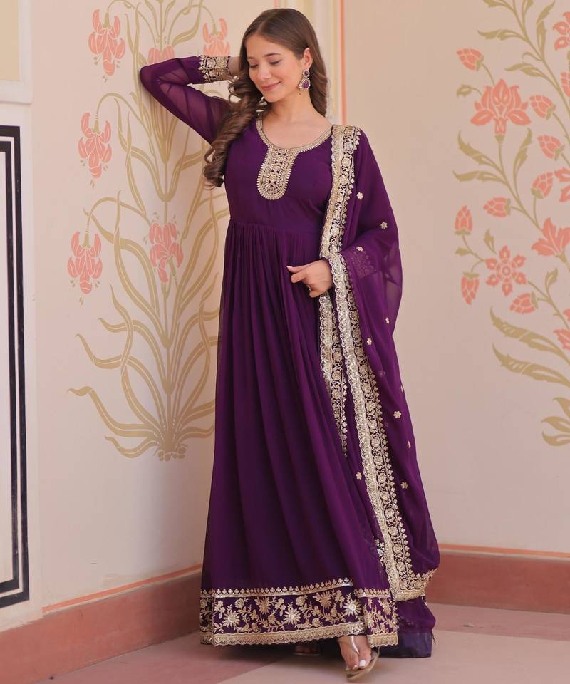 Purple georgette readymade anarkali suit with embroidery & zari work