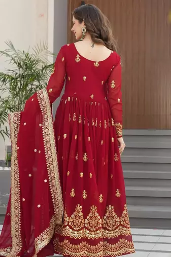 Red georgette readymade anarkali suit with embroidery & zari work