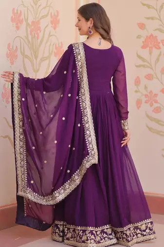 Purple georgette readymade anarkali suit with embroidery & zari work