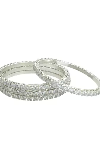 Set of 4 silver plated princess cut american diamond bangles