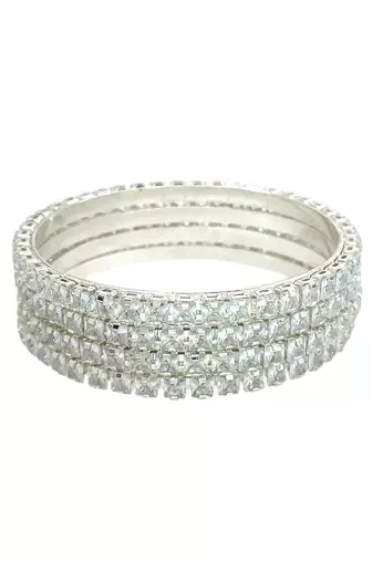 Set of 4 silver plated princess cut american diamond bangles