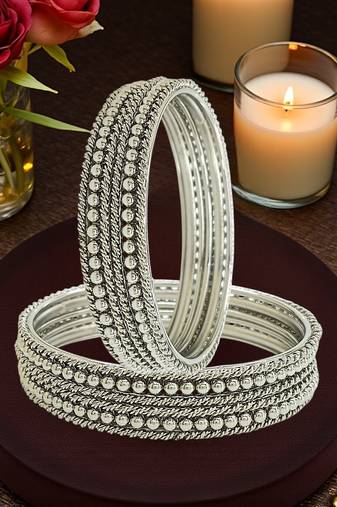 Silver oxidised set of 12 beaded textured bangles