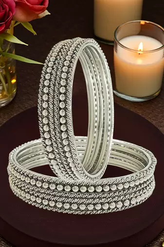 Silver oxidised set of 12 beaded textured bangles