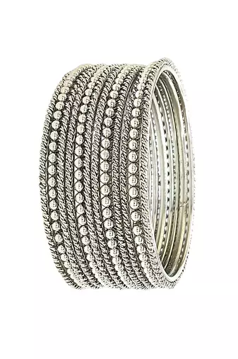 Silver oxidised set of 12 beaded textured bangles