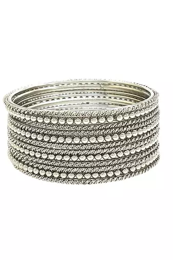 Silver oxidised set of 12 beaded textured bangles