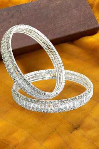 Silver plated set of 2 baguette american diamond kada bangles