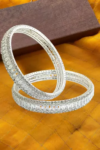 Silver plated set of 2 baguette american diamond kada bangles