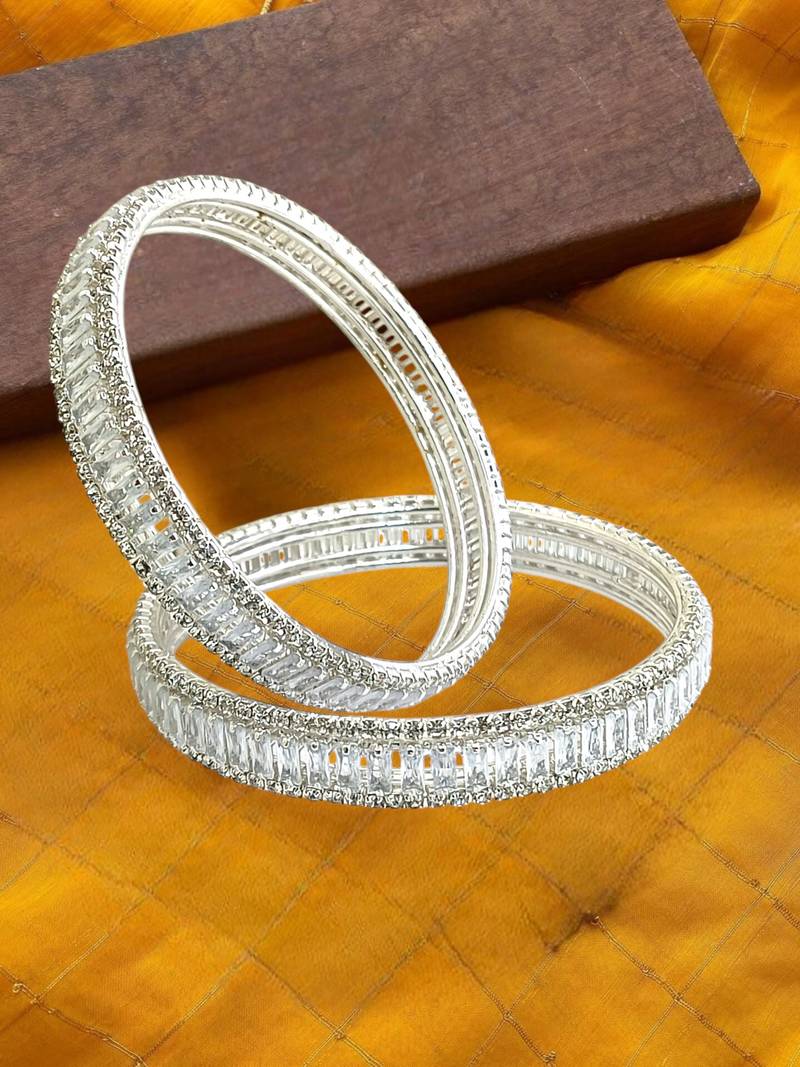 Silver plated set of 2 baguette american diamond kada bangles