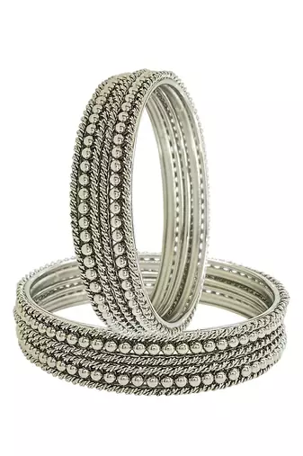 Silver oxidised set of 12 beaded textured bangles