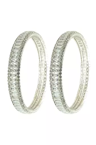 Silver plated set of 2 baguette american diamond kada bangles