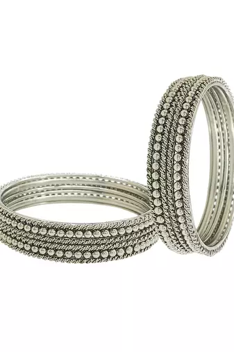 Silver oxidised set of 12 beaded textured bangles