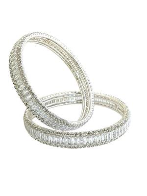 Silver plated set of 2 baguette american diamond kada bangles 3