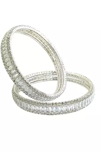 Silver plated set of 2 baguette american diamond kada bangles