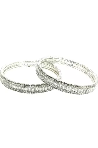Silver plated set of 2 baguette american diamond kada bangles