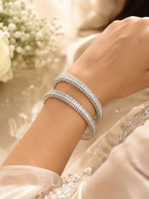 Silver plated set of 2 baguette american diamond kada bangles 5