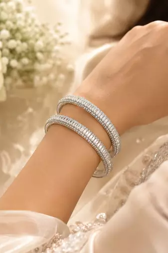 Silver plated set of 2 baguette american diamond kada bangles