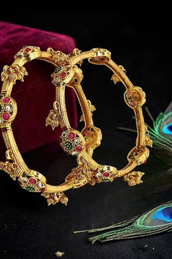 Set of 2 gold plated cz meenakari kashmiri bangles