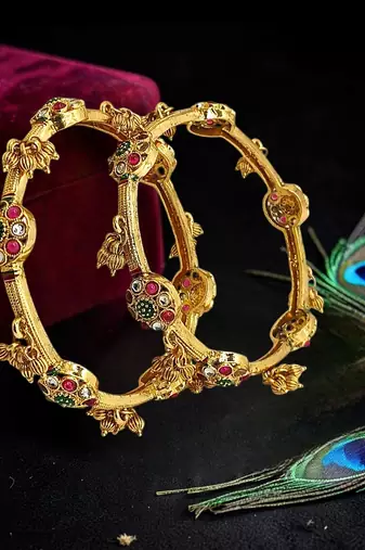 Set of 2 gold plated cz meenakari kashmiri bangles