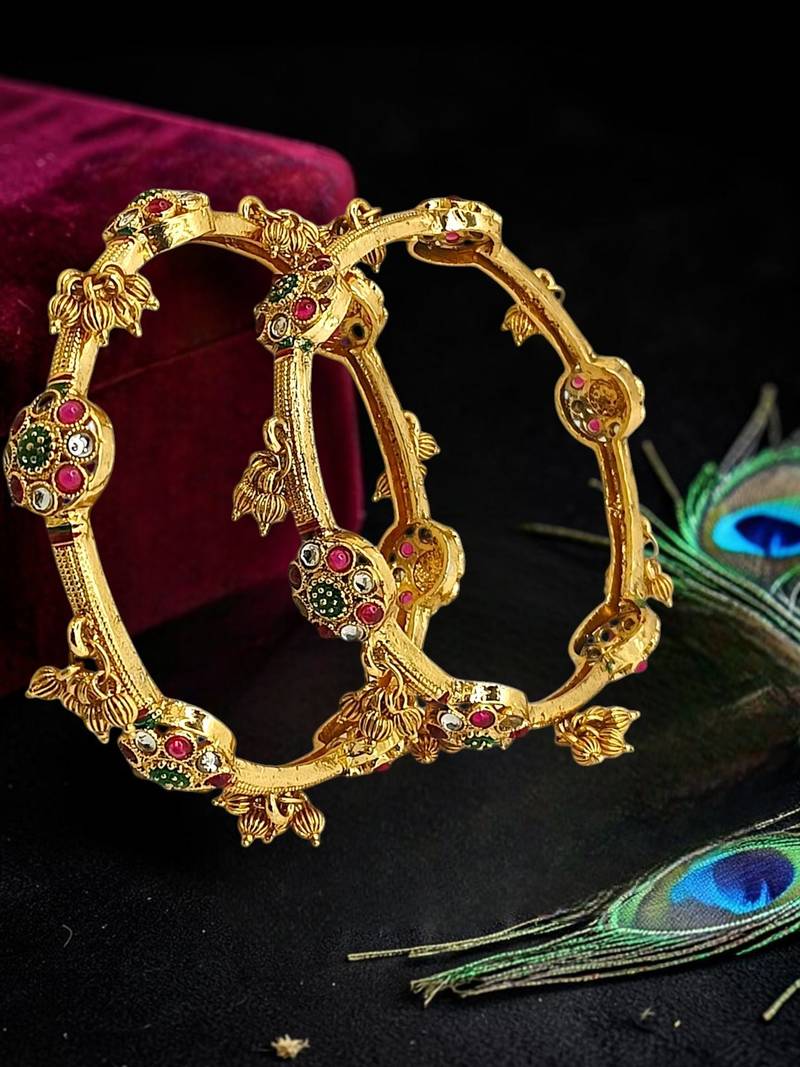 Set of 2 gold plated cz meenakari kashmiri bangles