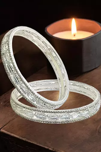 Set of 2 rhodium plated baguette american diamond bangles
