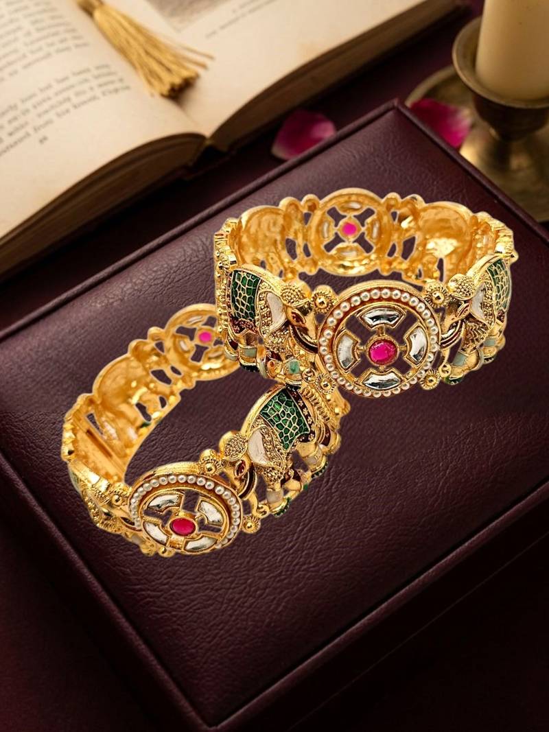Set of 2 kundan elephant  gold plated bridal screw kada bangles