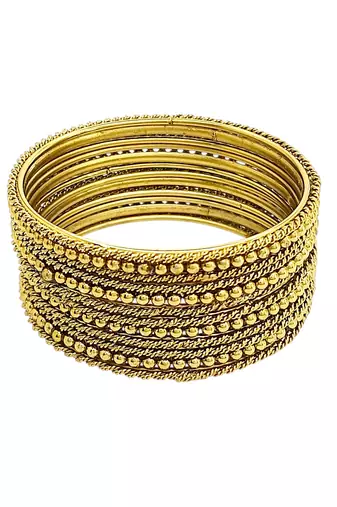 Antique gold plated set of 12 beaded textured bangles