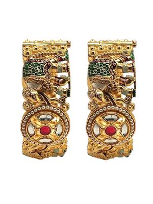 Set of 2 kundan elephant  gold plated bridal screw kada bangles 2