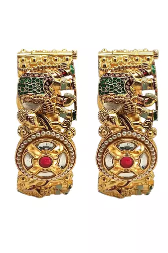 Set of 2 kundan elephant  gold plated bridal screw kada bangles