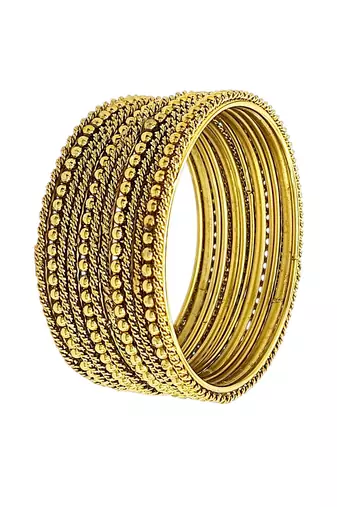 Antique gold plated set of 12 beaded textured bangles