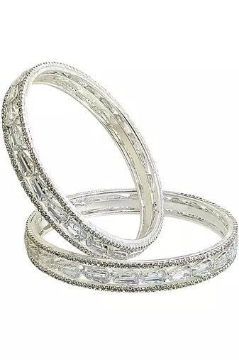Set of 2 rhodium plated baguette american diamond bangles