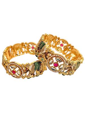 Set of 2 kundan elephant  gold plated bridal screw kada bangles 3